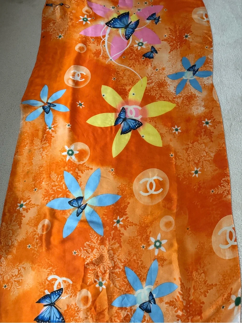 CHANEL Orange Floral & Butterfly Silk Scarf 69X33